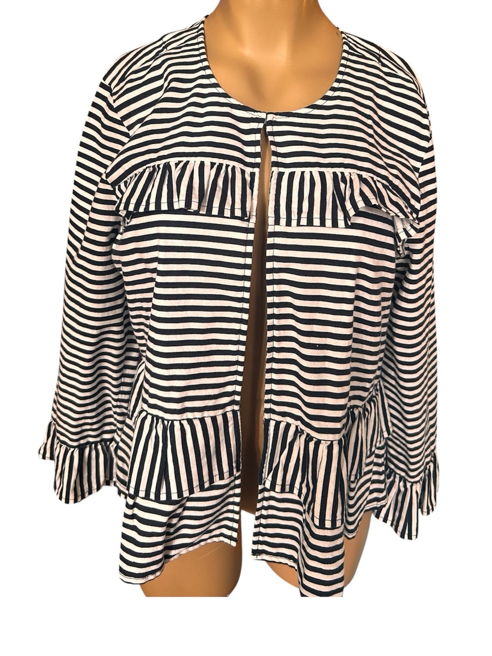 Ann Taylor LOFT Striped Ruffle Peplum Front Open Jacket - Black & White